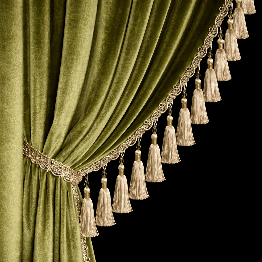 Olive green velvet curtains with tassel trim in classic European villa style