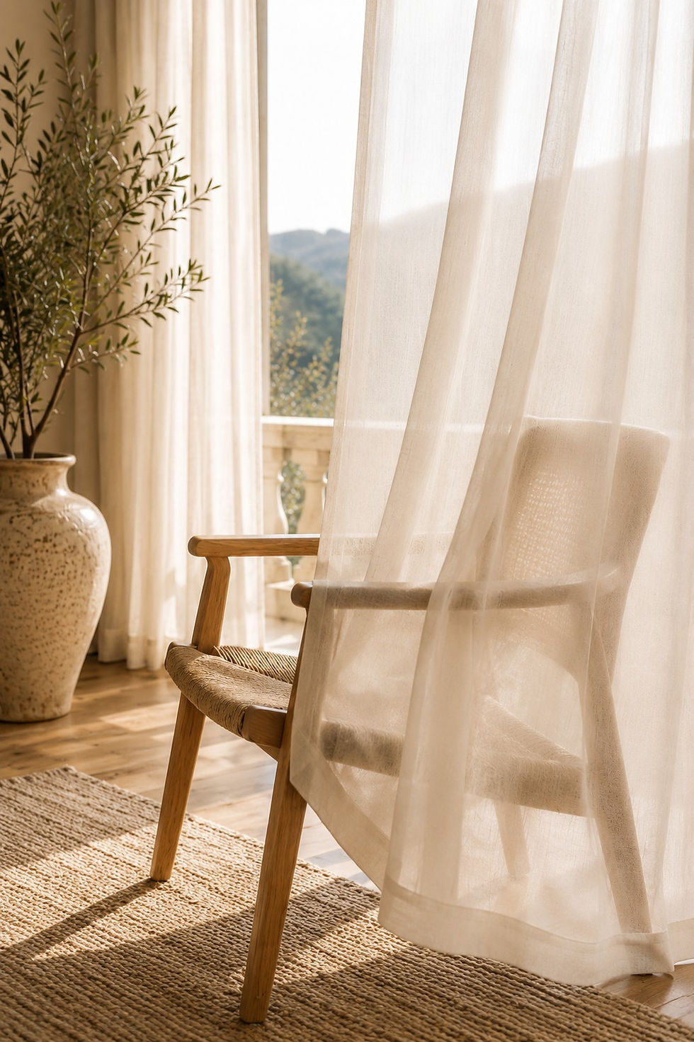 Thumbnail: Amalfi Sand sheer curtains softly filtering natural sunlight