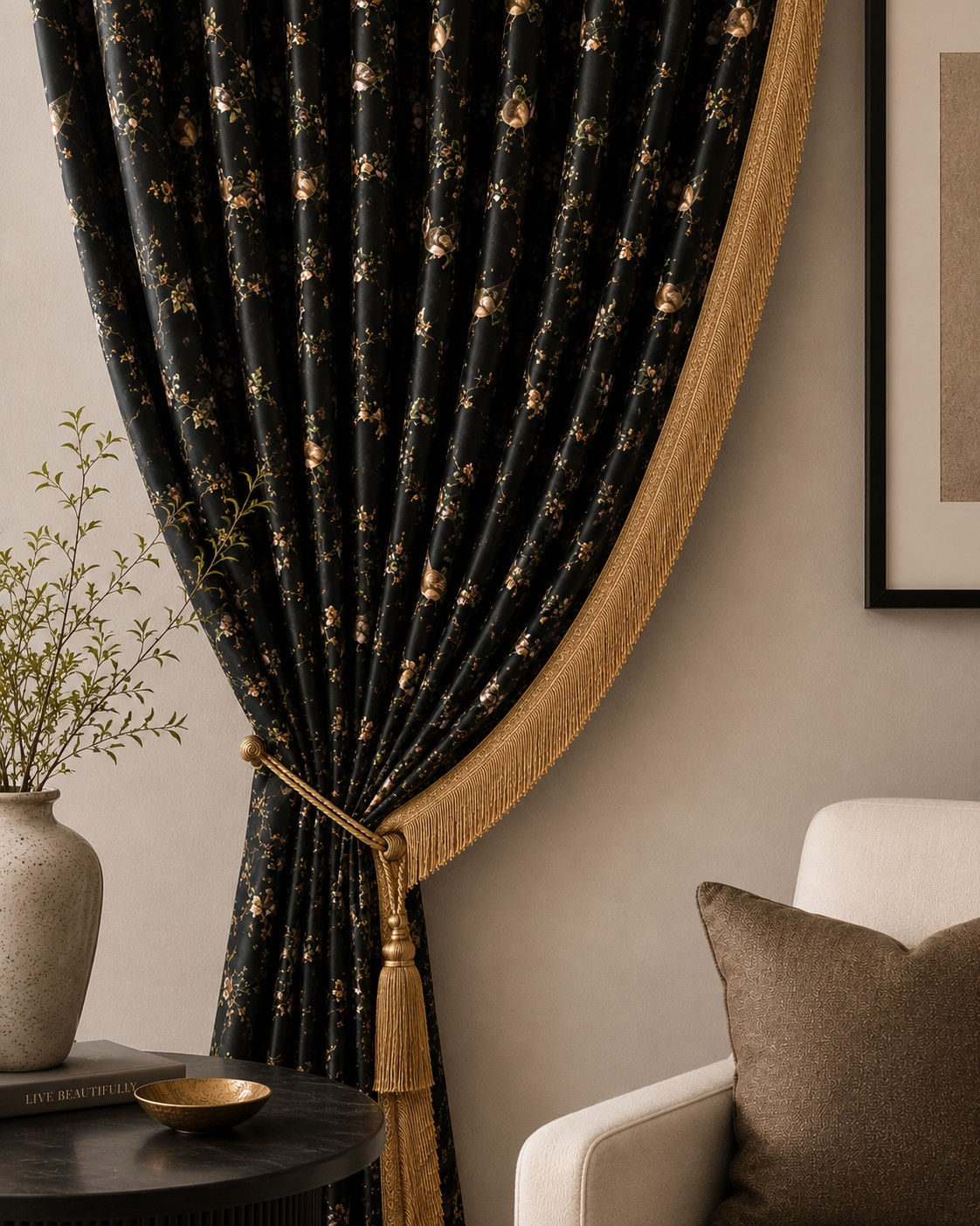 Nero Botanica Black Floral Velvet Curtains | Luxury European Drapery