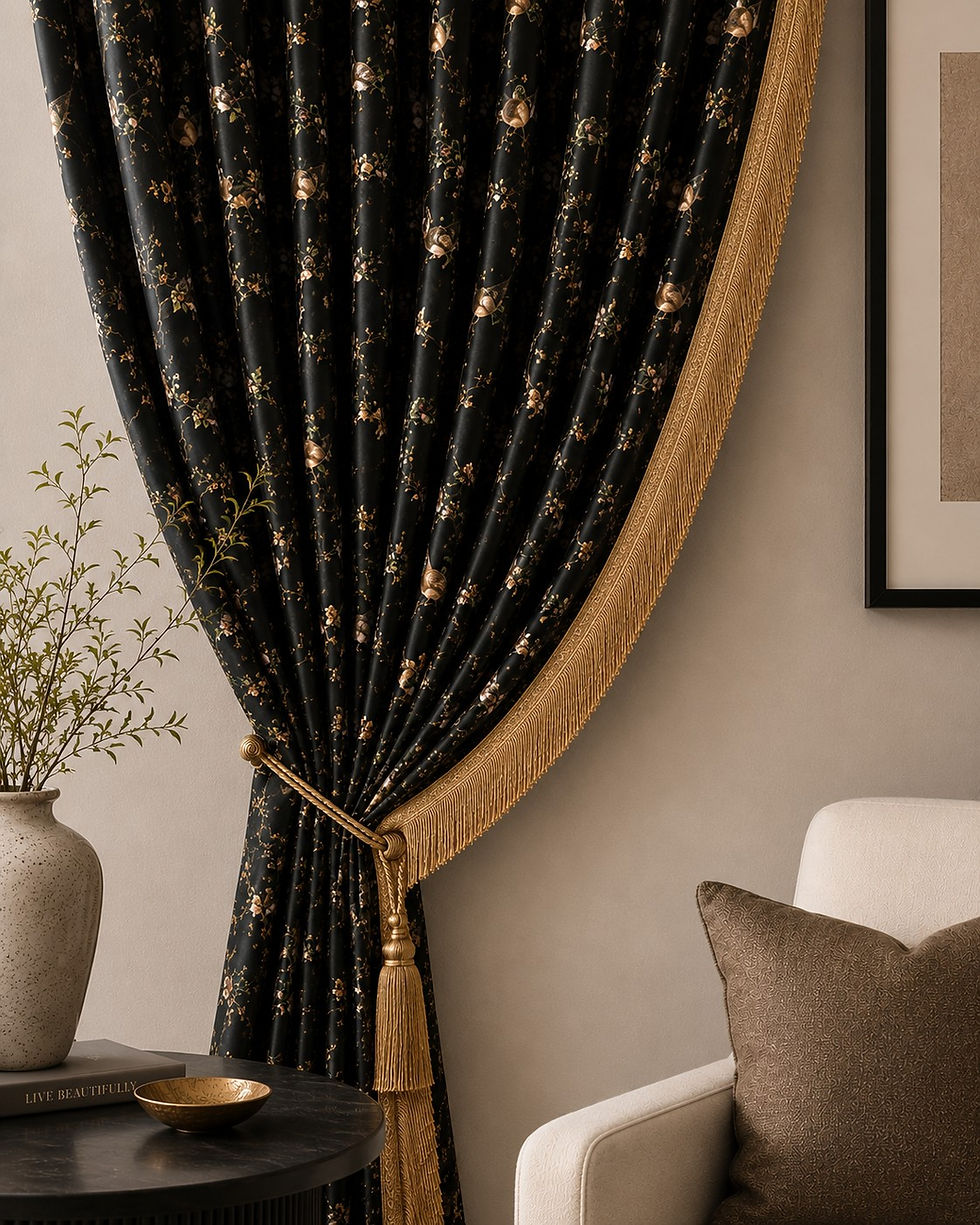 Thumbnail: Nero Botanica Black Floral Velvet Curtains | Luxury European Drapery