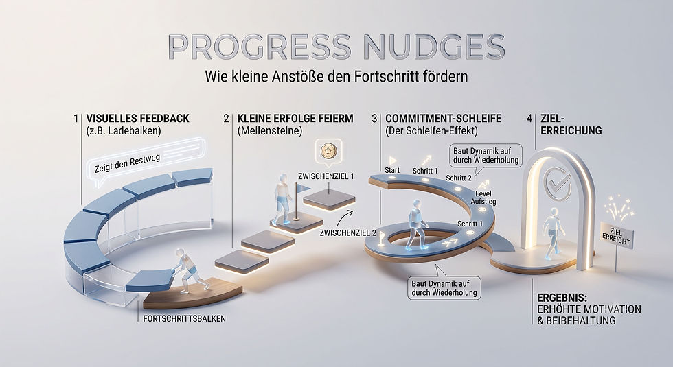 3D-Grafik zu Progress Nudges: Ein vierteiliger Pfad zeigt, wie visuelles Feedback, Meilensteine und Schleifen die Zielerreichung und Motivation fördern.