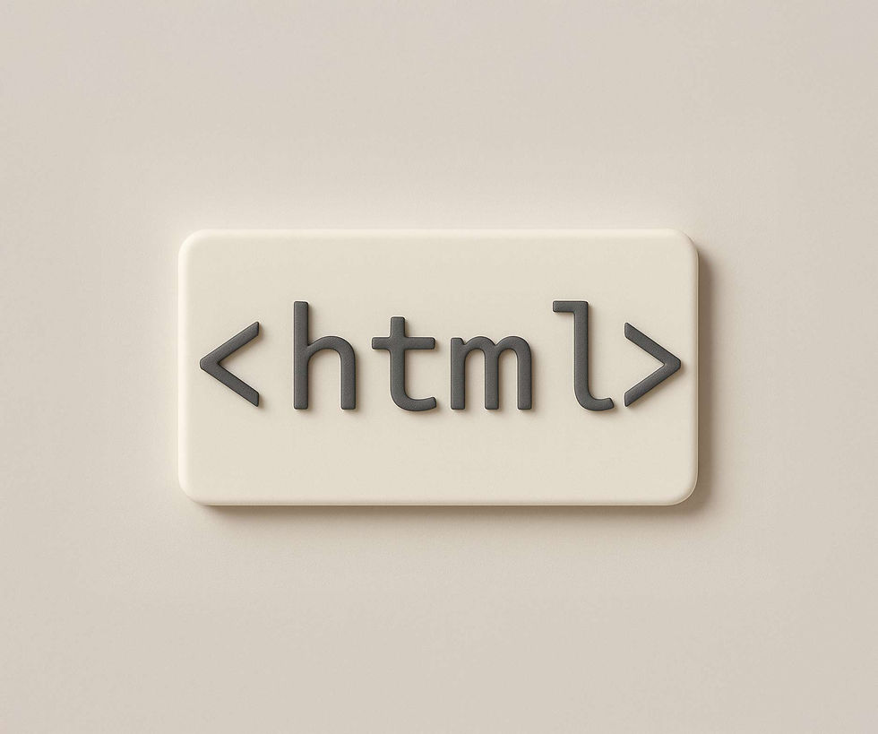 3D-Grafik zu HTML: Ein helles, abgerundetes Schild zeigt das HTML-Tag <html> in dunklen 3D-Buchstaben als Symbol für die Struktur von Webseiten.