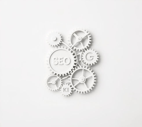 3D Darstellung einen Zahnradsystems. Auf den Zahnrädern zusehen sind das Wort: SEO, KI und das Symbol von Google
