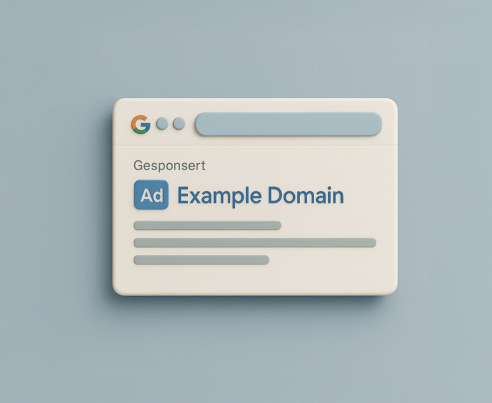 3D-Grafik zu Google Ads: Ein Browserfenster zeigt ein gesponsertes Suchergebnis mit „Gesponsert“-Tag und „Ad Example Domain“ als Anzeigebeispiel.