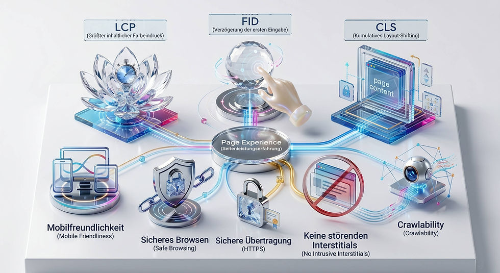 3D-Grafik zur Page Experience: Ein zentrales Netzwerk verbindet Faktoren wie Core Web Vitals (LCP, FID, CLS), Mobilfreundlichkeit und HTTPS-Sicherheit.