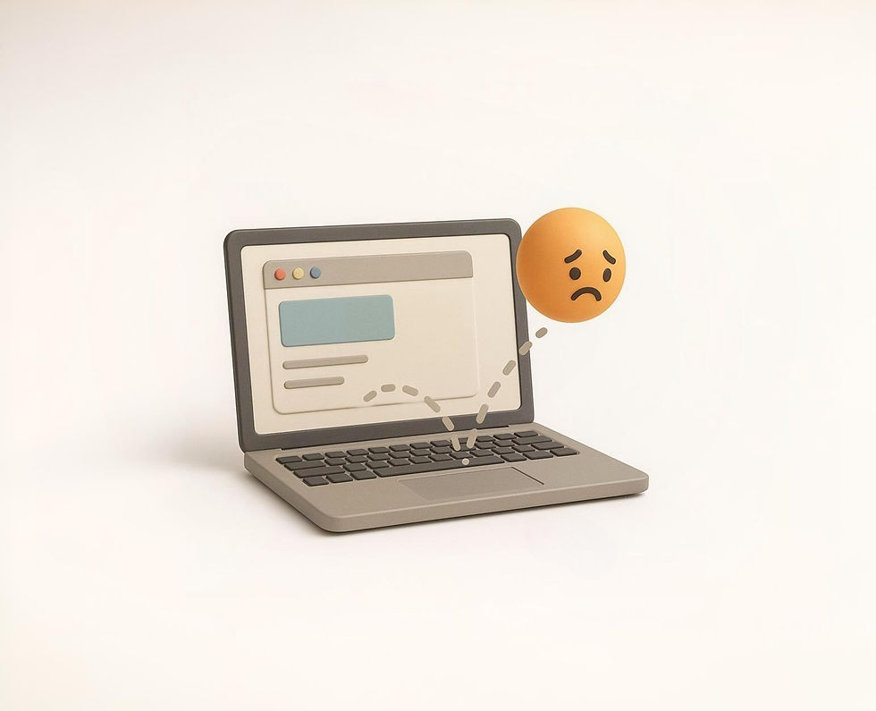 3D-Illustration eines Laptops mit einem traurigen Emoji-Gesicht, das von der Tastatur wegspringt, zur symbolischen Darstellung der Absprungrate (Bounce-Rate).