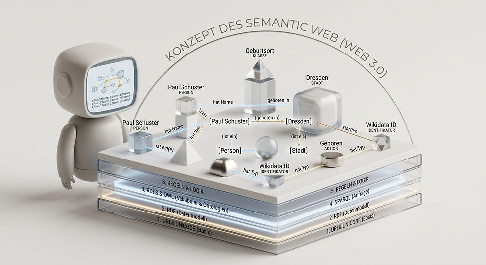 3D-Grafik zum Semantic Web: Ein Roboter betrachtet ein Wissensnetzwerk aus Entitäten auf mehreren Technologieschichten von URI über RDF bis SPARQL.