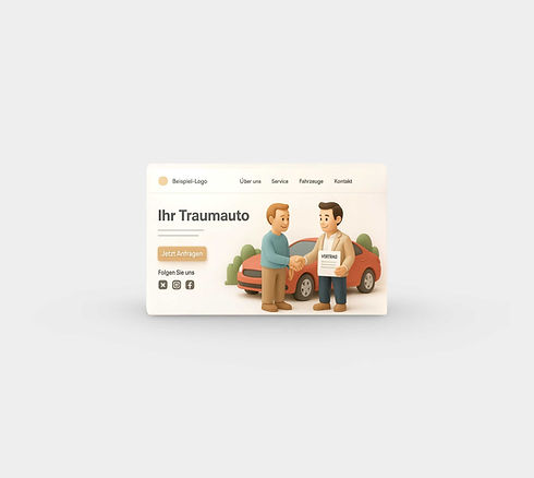 3D-Darstellung einer Website-Landingpage mit Headline „Ihr Traumauto“, Call-to-Action-Button und zwei Personen vor einem Auto, die sich per Handschlag und Vertrag einigen, und beschreibt den Begriff Landingpage.