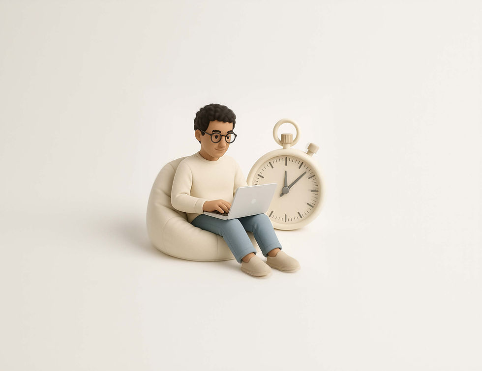 3D-Illustration zu Dwell Time: Eine Person sitzt mit einem Laptop in einem Sitzsack neben einer großen Stoppuhr als Symbol für die Verweildauer.