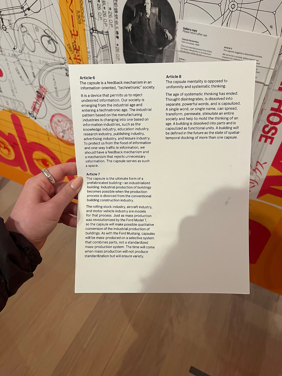 Photographs of Kurokawa's Capsule Declaration taken by Becca Leviss on 4/9/2026