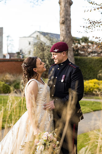 Bride and groom in the Gardens near Rugby registry office