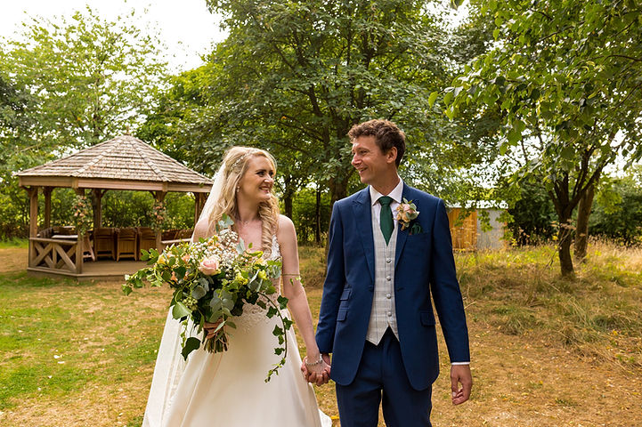 Bride and groom in the gardens at Crockwell Farm
