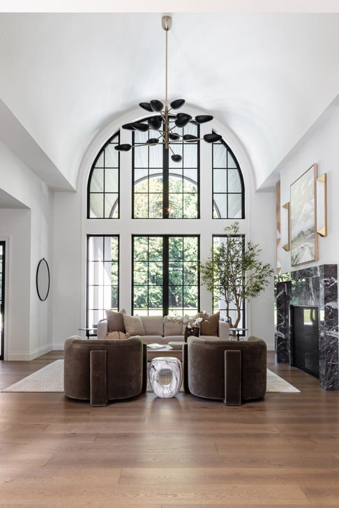 Award-winning custom home living room with pitched roof and floor-to-ceiling windows — Cedar Grove, Metro Vancouver. HAVAN Award 2026. Photography by Ana Zaha.