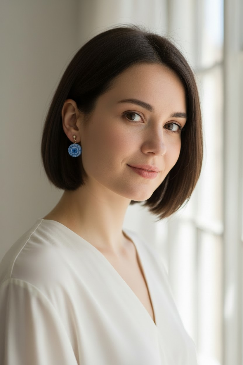 תמונה ממוזערת: עגילי זכוכית צמודים על אוזן של אישה "Millefiori Azure"