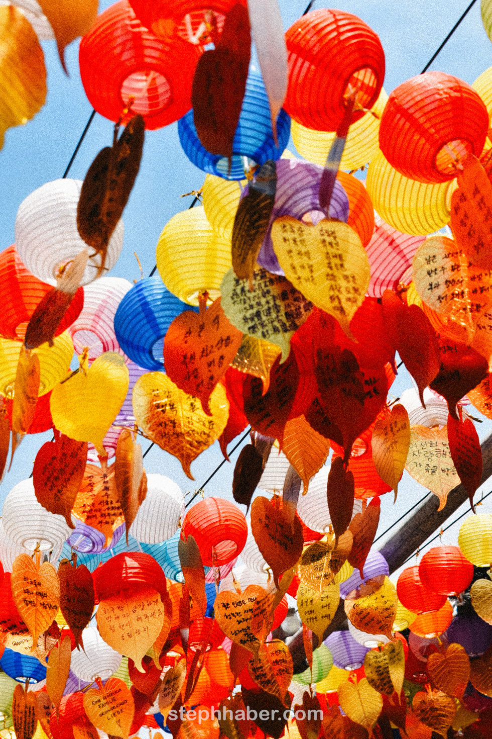 Colorful lanterns and heart-shaped notes hanging outdoors.