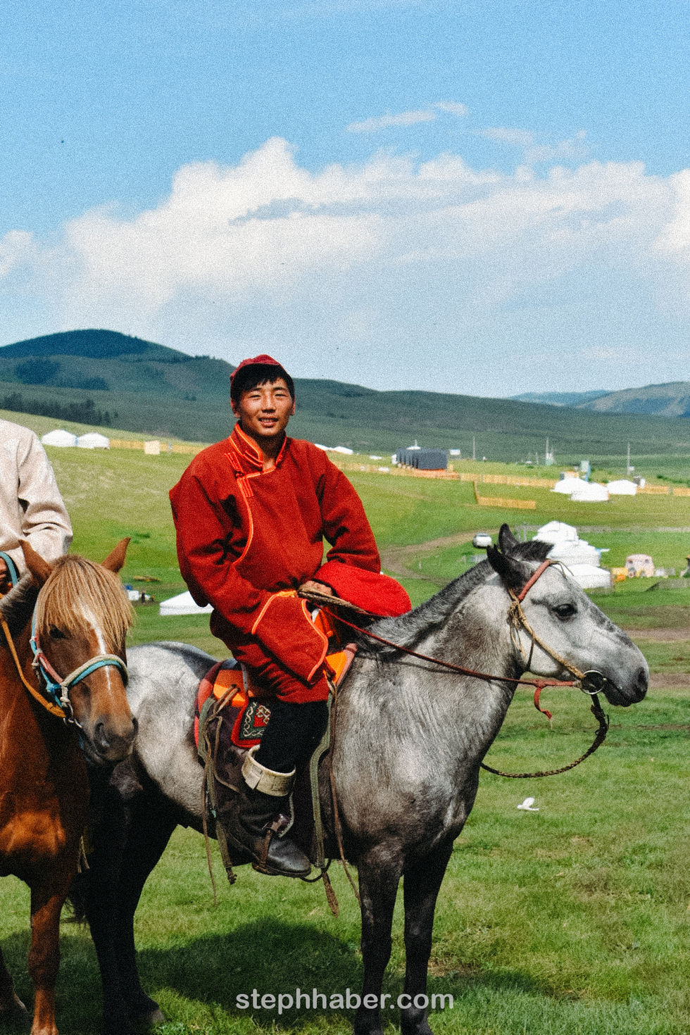Two people on horses in a grassy landscape.
