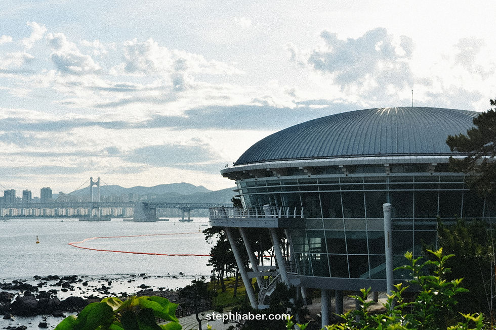Futuristic dome building by a rocky shore, city and bridge in background. Bright sky with clouds. Text: stephhaber.com. Calm atmosphere.