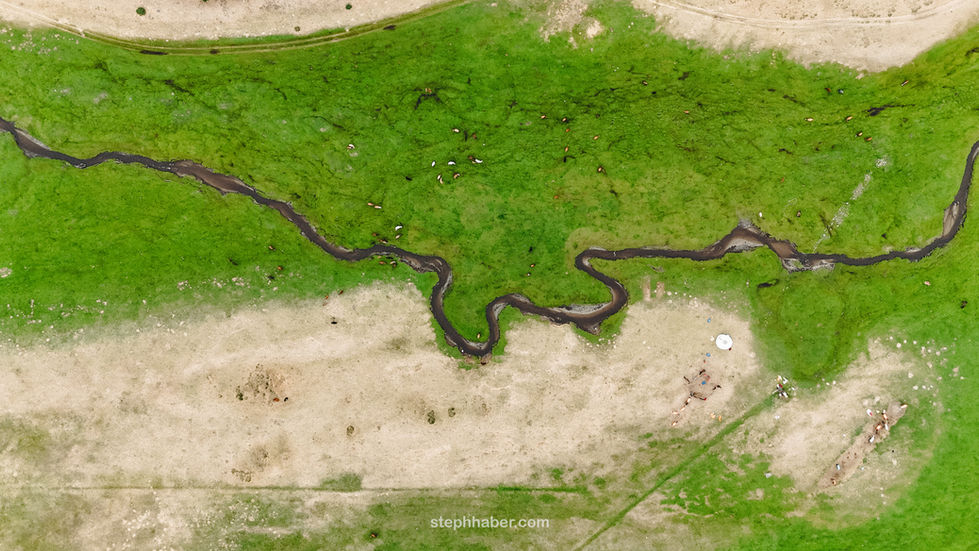 Aerial view of a winding stream through grassy landscape. Mongolia