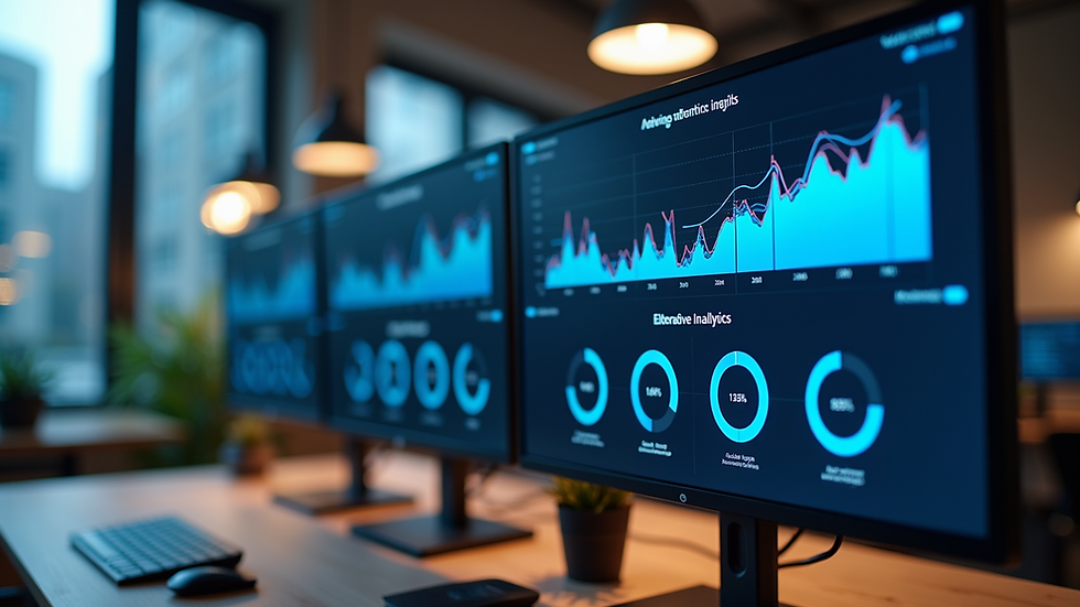 Eye-level view of a modern office workspace with multiple digital screens displaying branding analytics