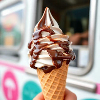 Hand holds soft-serve vanilla ice cream cone, chocolate sauce, ice cream truck.
