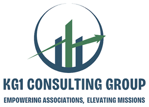 Green and blue logo with abstract images in a circle. The text reads KG1 Consulting Grop: Empowering Associations, Elevating Missions