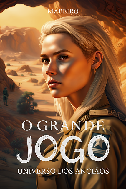 Capa de O Grande Jogo: Uma mulher branca, loira e de olhos castanhos; vestida com um uniforme militar em posição de perfil e com a cabeça virada para a câmera. No fundo, há soldados passando pela entrada de uma caverna em um deserto.