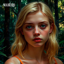 uma foto de uma adolescente de pele clara, olhos verde-musgos, cabelos lisos e loiros, trajando um vestido laranja com estampa de folhas verdes em uma floresta tropical