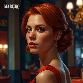 Uma mulher ruiva, de tez clara, olhos castanhos e cabelos ruivos, trajando um vestido vermelho em um cassino