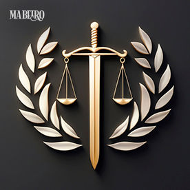 Uma logo dourada de uma espada que também serve como uma balança rodeada por uma coroa de louros em um fundo preto