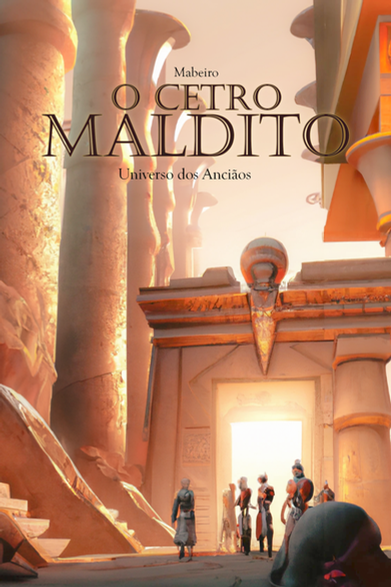 Capa de O Cetro Maldito: pessoas indistintas caminhando pelas ruínas do Templo de Karnak, Egito.
