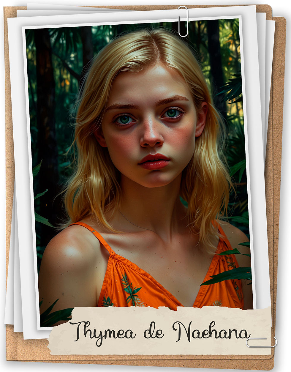 Uma pasta de papelão dobrada contendo várias folhas de documentos; uma foto de uma adolescente de pele clara, olhos verde-musgos, cabelos lisos e loiros, trajando um vestido laranja com estampa de folhas verdes em uma floresta tropical; e o nome Thymea de Naehana escrito em um pedaço de papel amarelado.