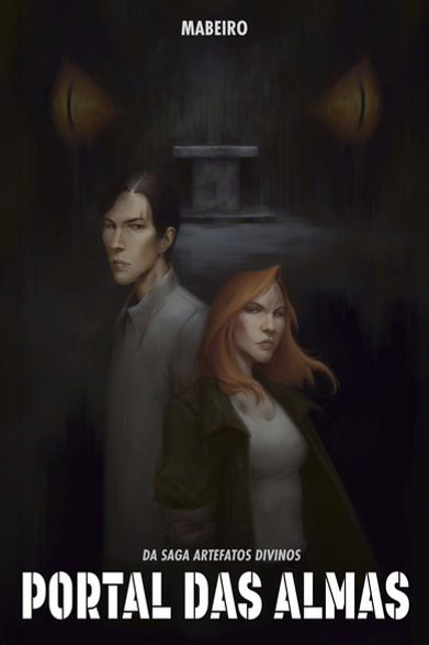 Capa de Portal das Almas: Ignácio e Ainsley no primeiro plano, no fundo há um altar de pedra vazio e um parte de olhos de serpentes olhando tudo de cima.