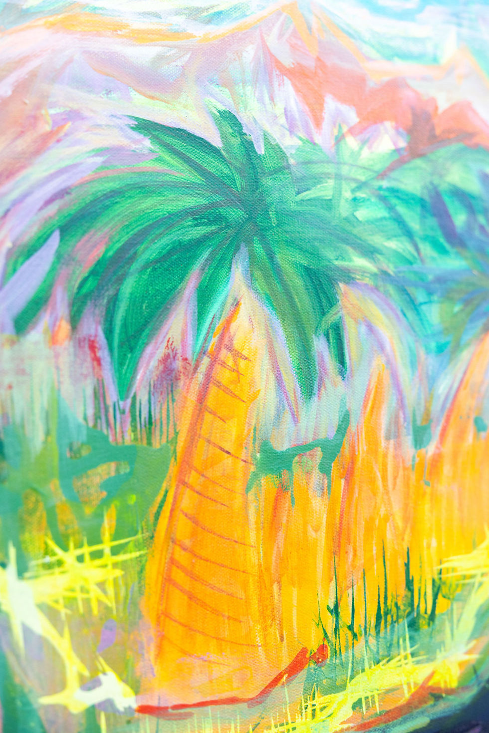 EXPLOR3R by Jack Wei Zhang – avant-garde mixed media portrait with bold grin, hat, palm trees, and neon landscape.