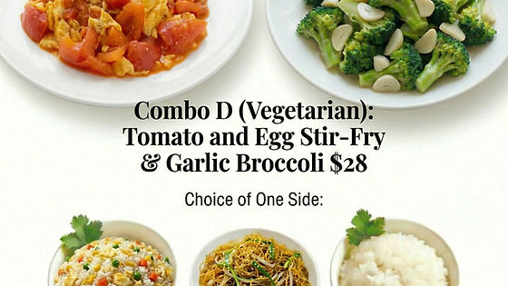 Combo D (Vegetarian): Tomato and Egg Stir-Fry & Garlic Broccoli 西红柿炒鸡蛋+蒜蓉西兰花