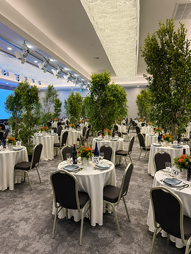 Modern banquet hall with round tables, greenery, and elegant event setup