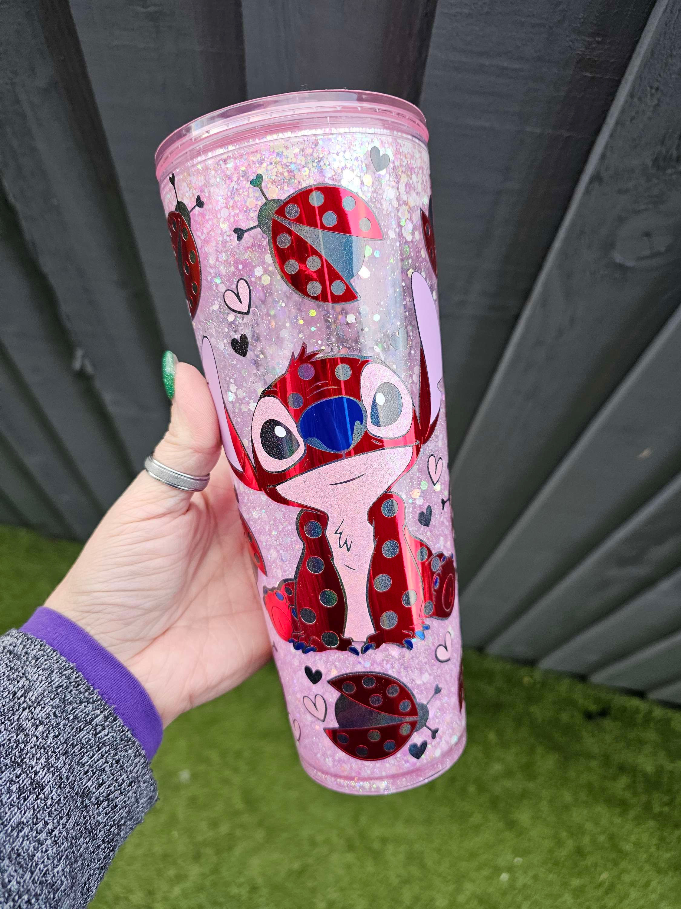 Stitch Ladybug Snow Globe Tumbler | Glitter Drinkware