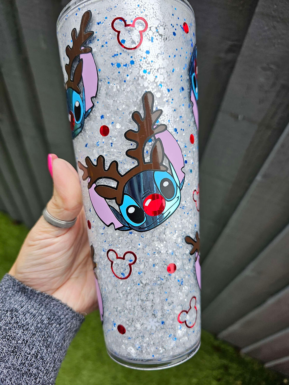 Thumbnail: Stitch the red nose reindeer Christmas Snow Globe Tumbler | Glitter Drinkware