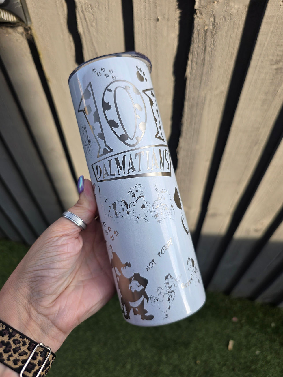 Thumbnail: 101 Dalmations - Laser Engraved Tumbler on white shimmer