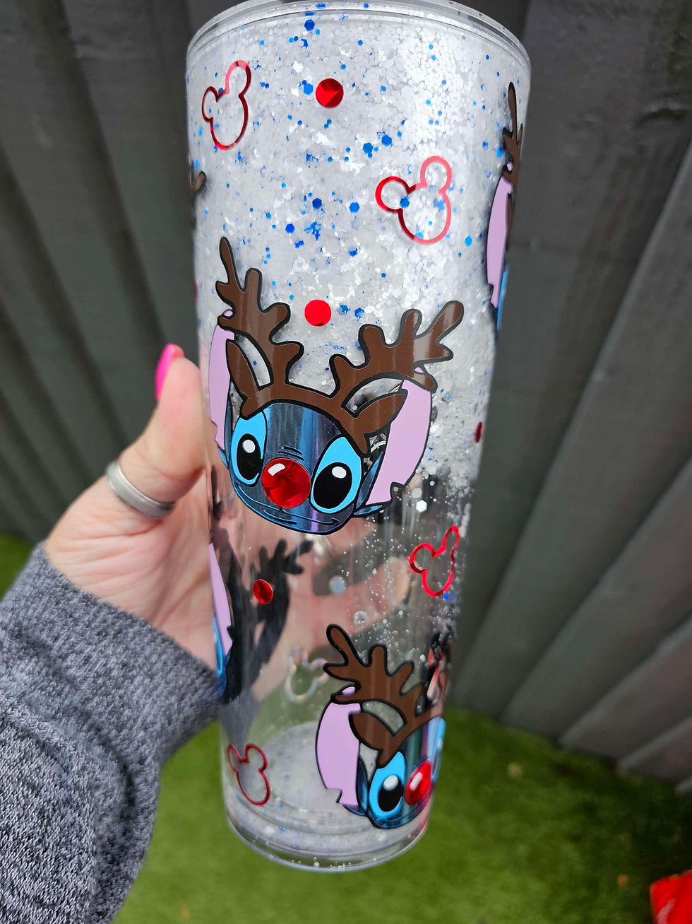 Thumbnail: Stitch the red nose reindeer Christmas Snow Globe Tumbler | Glitter Drinkware