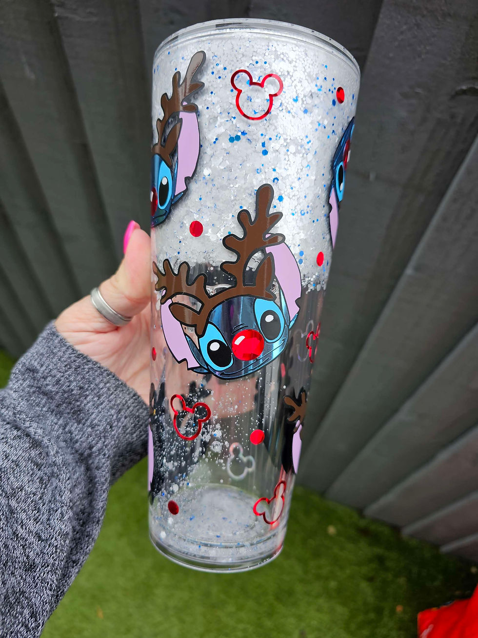 Thumbnail: Stitch the red nose reindeer Christmas Snow Globe Tumbler | Glitter Drinkware