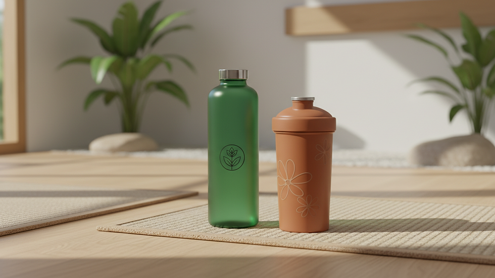 Close-up view of a water bottle and protein shake on a gym floor