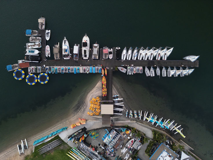 boat ready for rental on the pier at Mission Bay Sports Center