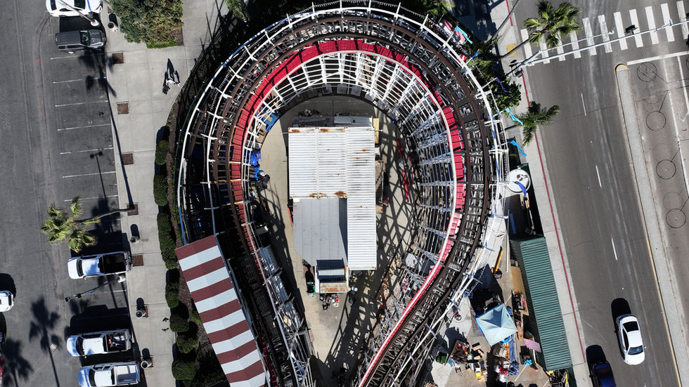 Drone view of the Rollercoaster at Belmont Park, Mission Beach, San Diego, CA
