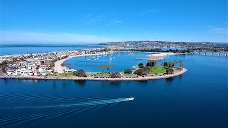 Drone photography of Inlet and jetty by Mission Point Park, San Diego, CA