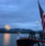 Fireworks over a lake with the American flag in frame.