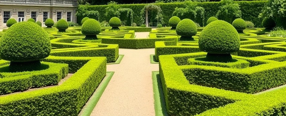 photo of a big formal garden with topiary hedges