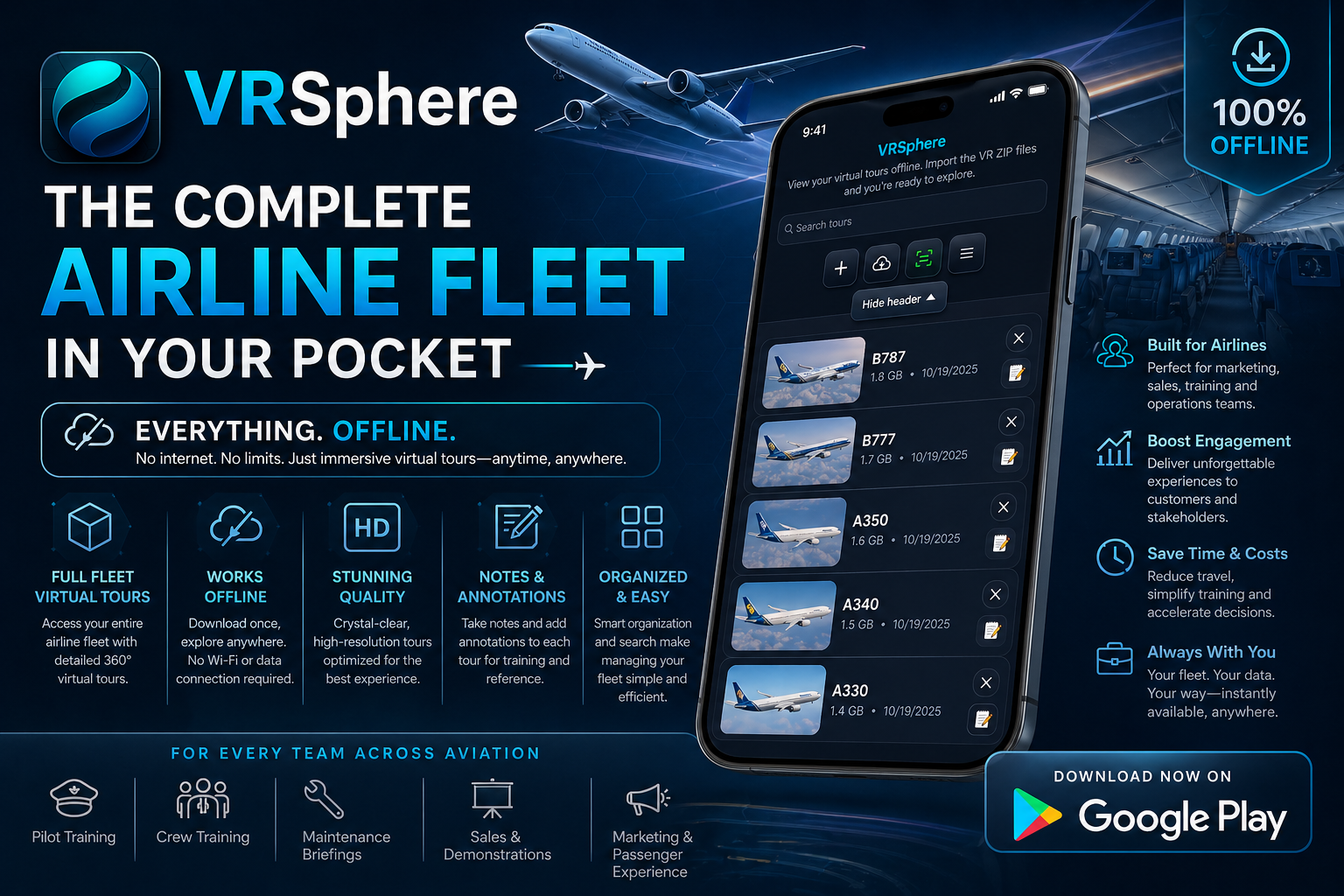 VRSphere airline fleet app feature graphic showing complete aircraft virtual tours and offline mobile access