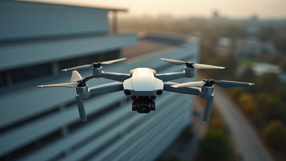 High angle view of a drone capturing a building exterior
