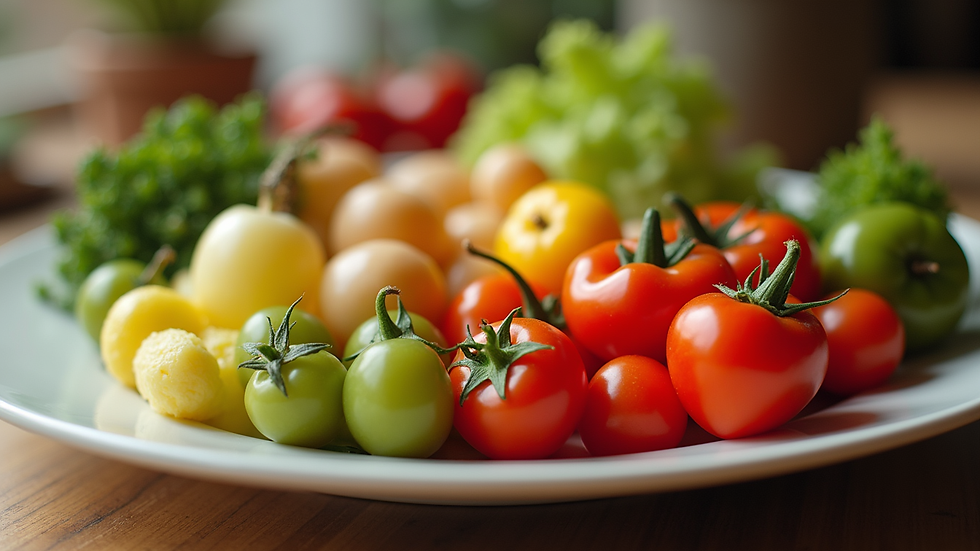 Close-up view of a colorful plate of assorted fruits and vegetables