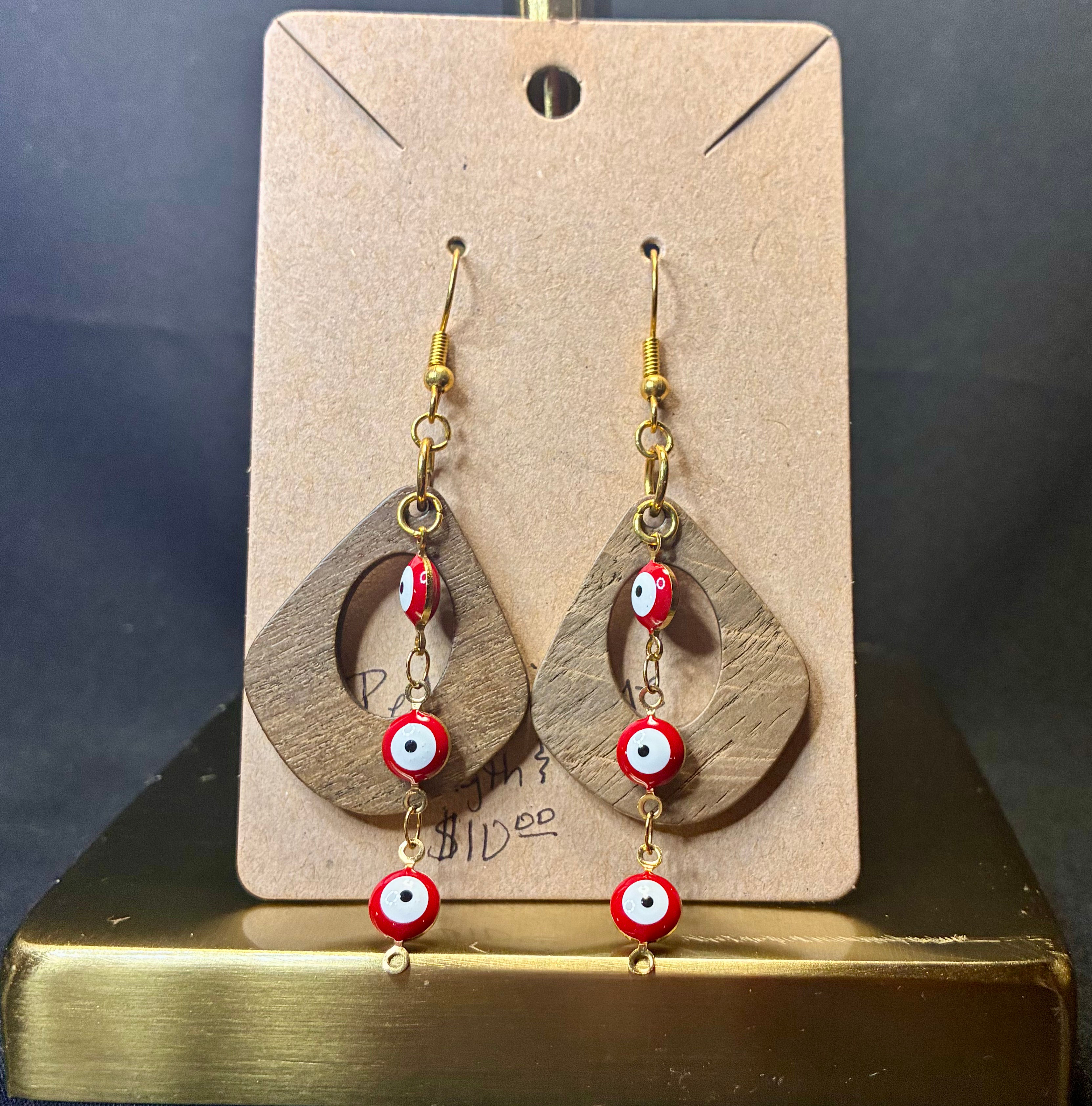 Red Evil Eye & Wood Earrings